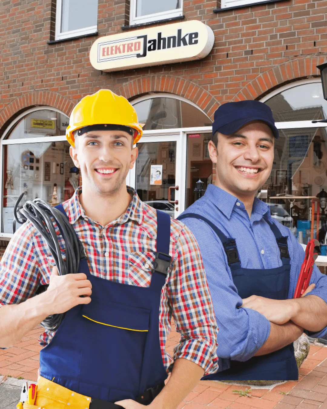 Zwei Handwerker vor dem Ladengeschäft von Elektro Jahnke in Delmenhorst