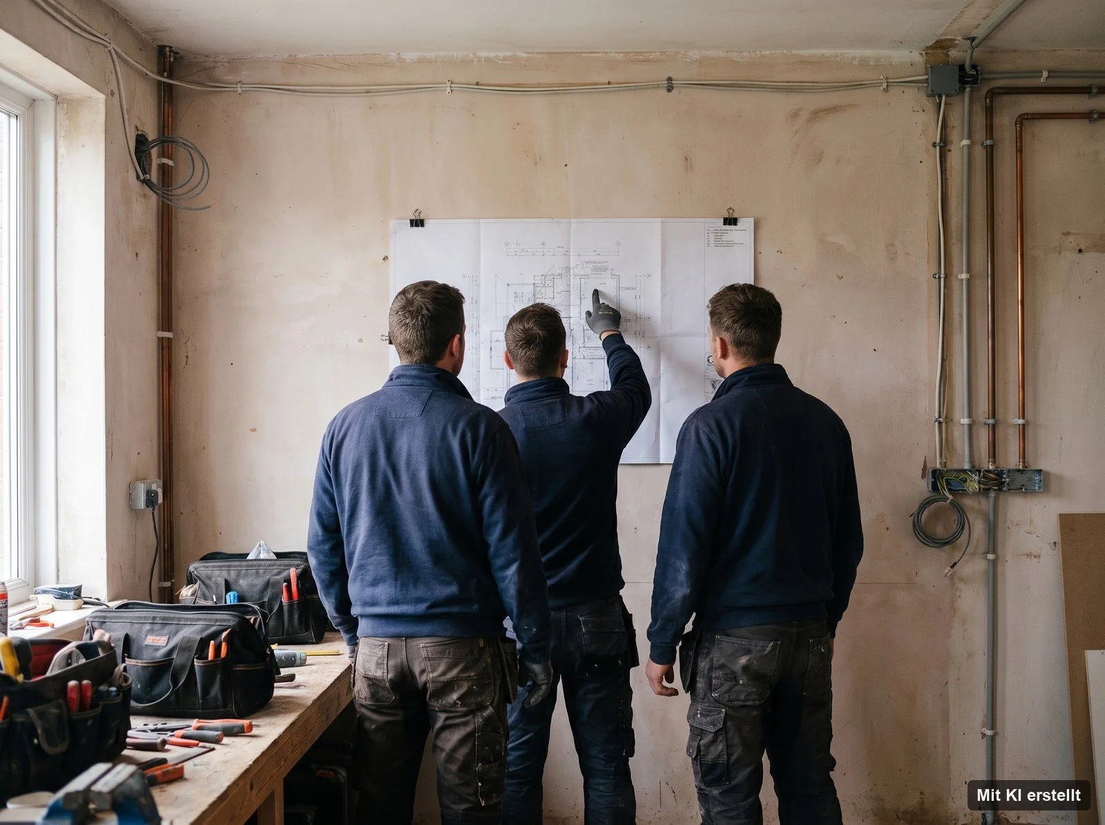 Team von Elektro Jahnke bei der Morgenbesprechung vor der Werkstatt in Delmenhor Team von Elektro Jahnke bei der Morgenbesprechung vor der Werkstatt in Delmenhorst