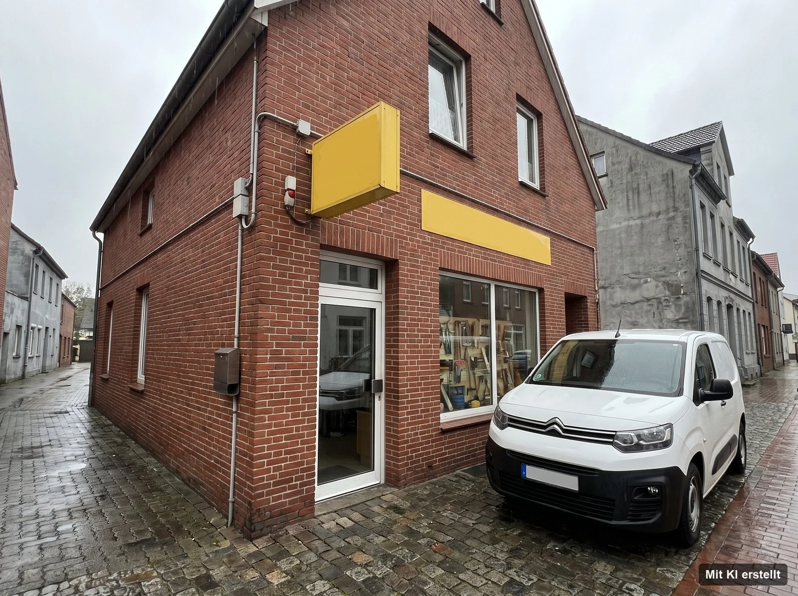 Eingang und Ladengeschäft von Elektro Jahnke in der Berliner Straße in Delmenhorst mit Servicefahrzeug