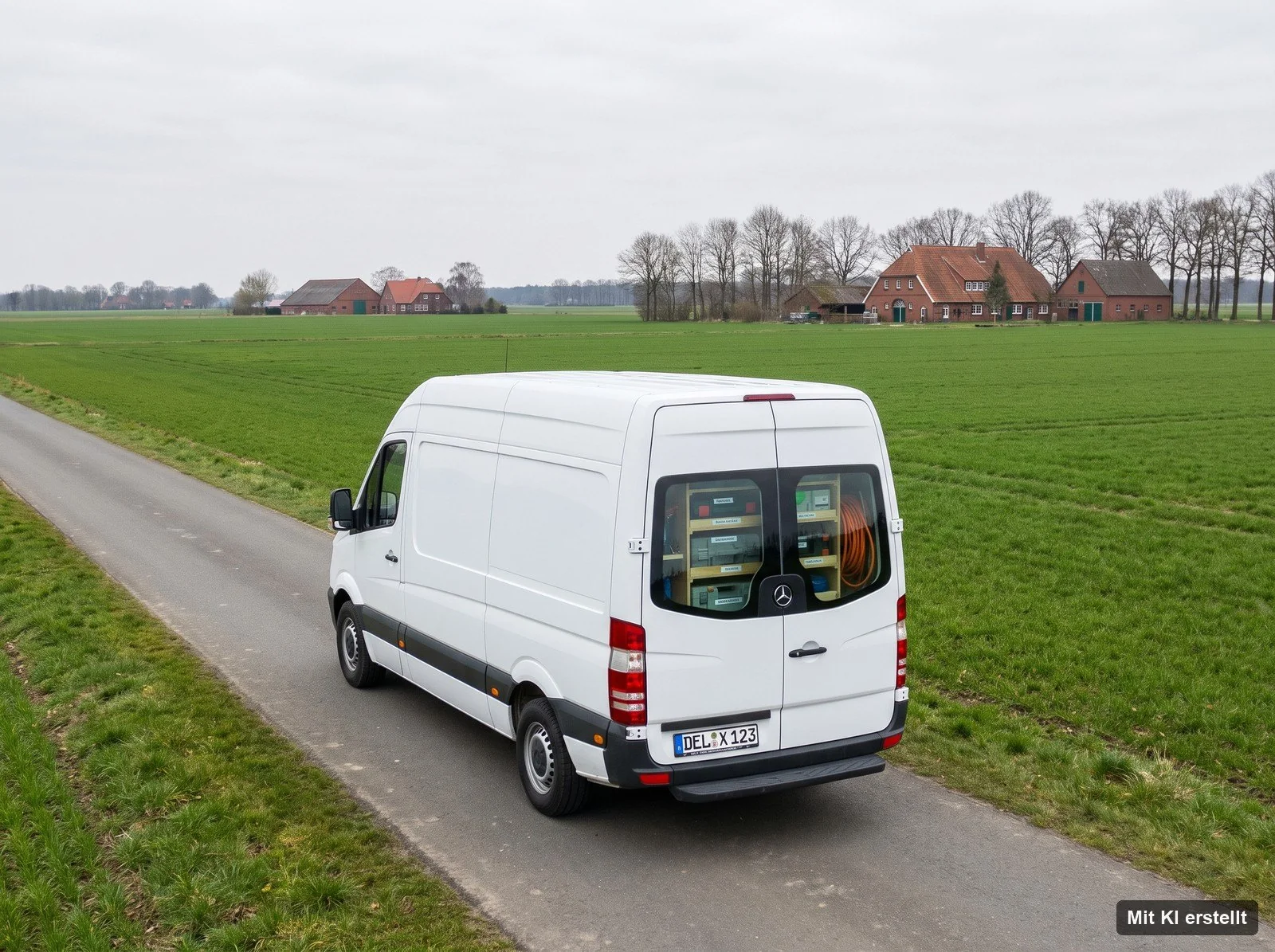 Servicefahrzeug von Elektro Jahnke auf einer Landstraße im Umland von Delmenhorst